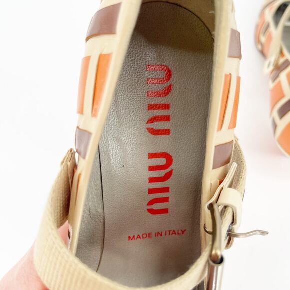 Vintage Retro Miu Miu Orange Tan Brown Woven Pointed Toe Mary Jane Pump IT 36 - Picture 8 of 11